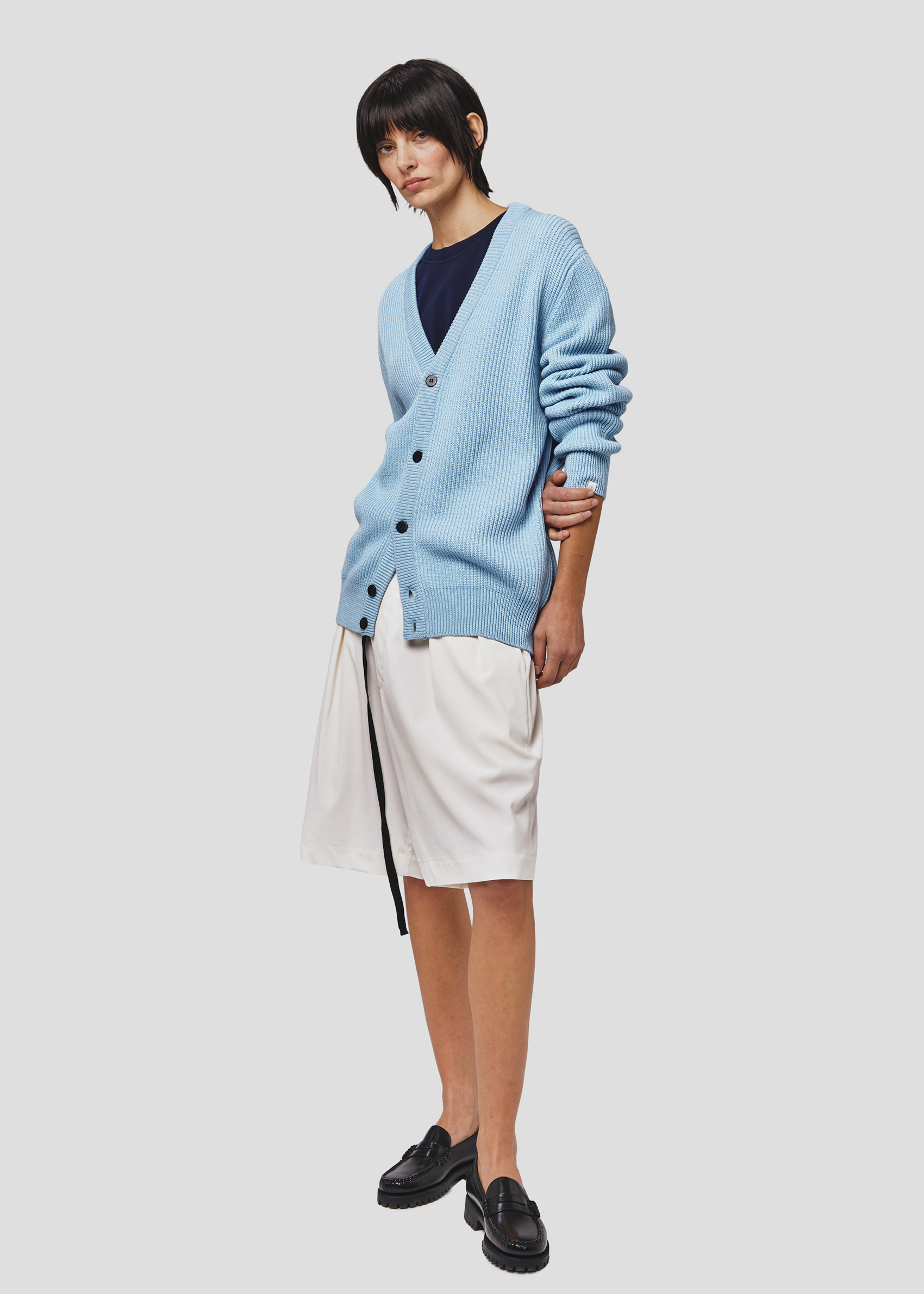 SEVEN GAUGE: CARDIGAN COSTA INGLESE COTONE LANA AZZURRO