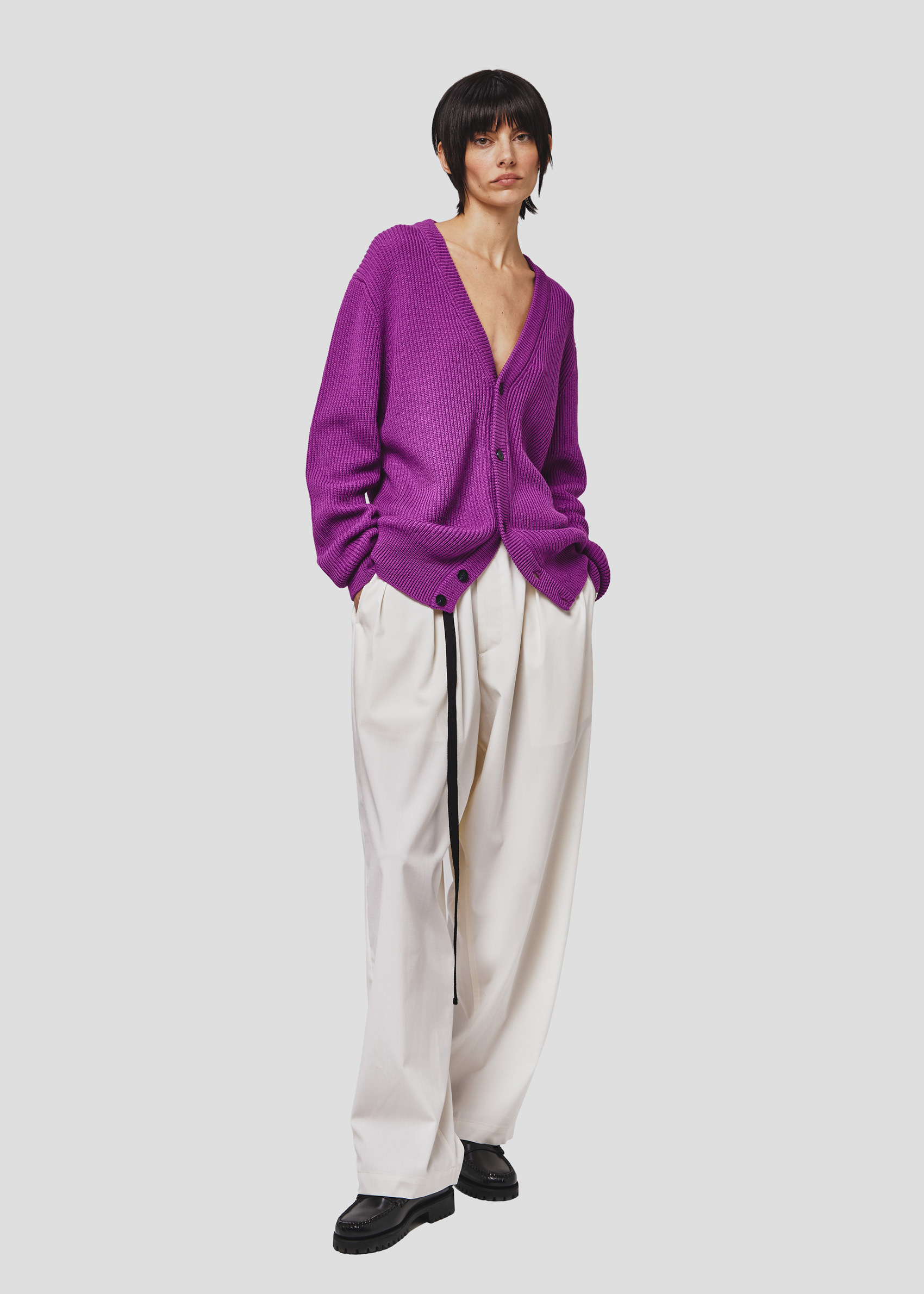 SEVEN GAUGE: CARDIGAN COSTA INGLESE COTONE LANA VIOLA