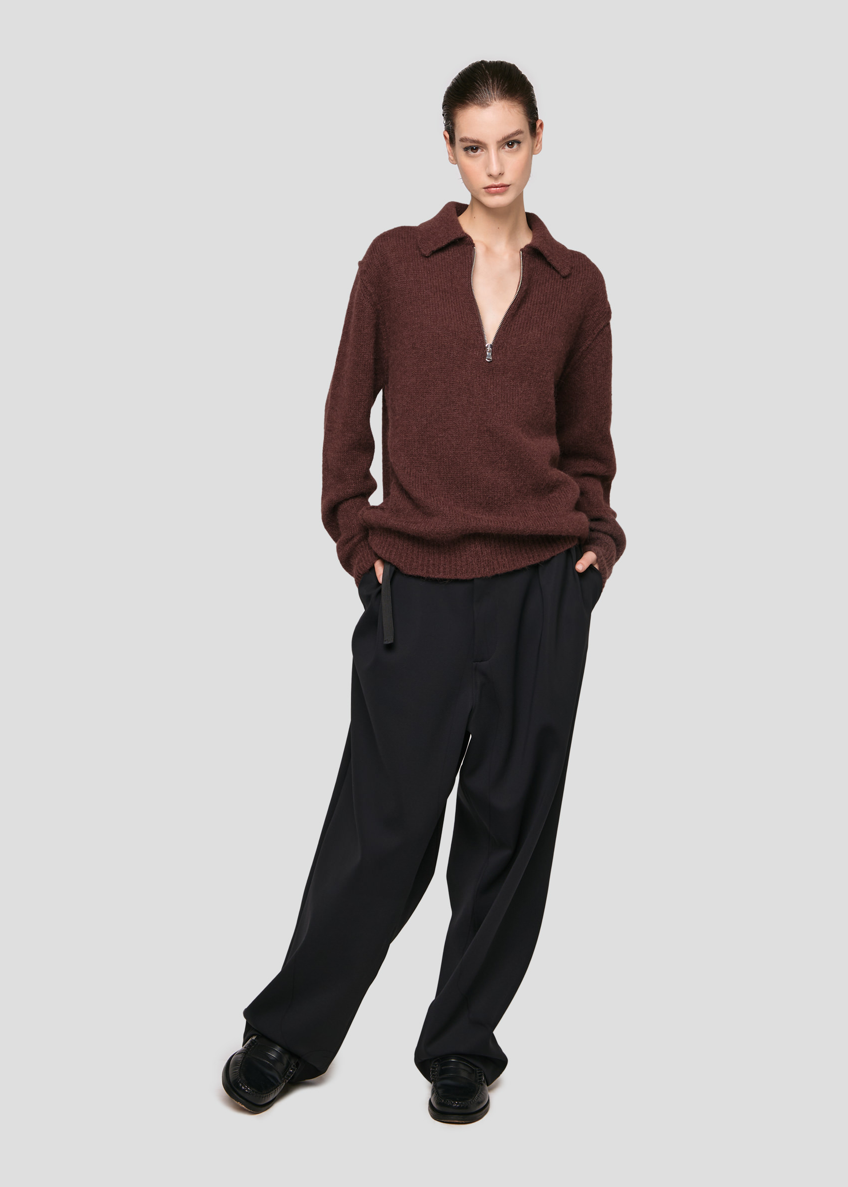 SEVEN GAUGE: ALPACA ZIP POLO SWEATER MORO