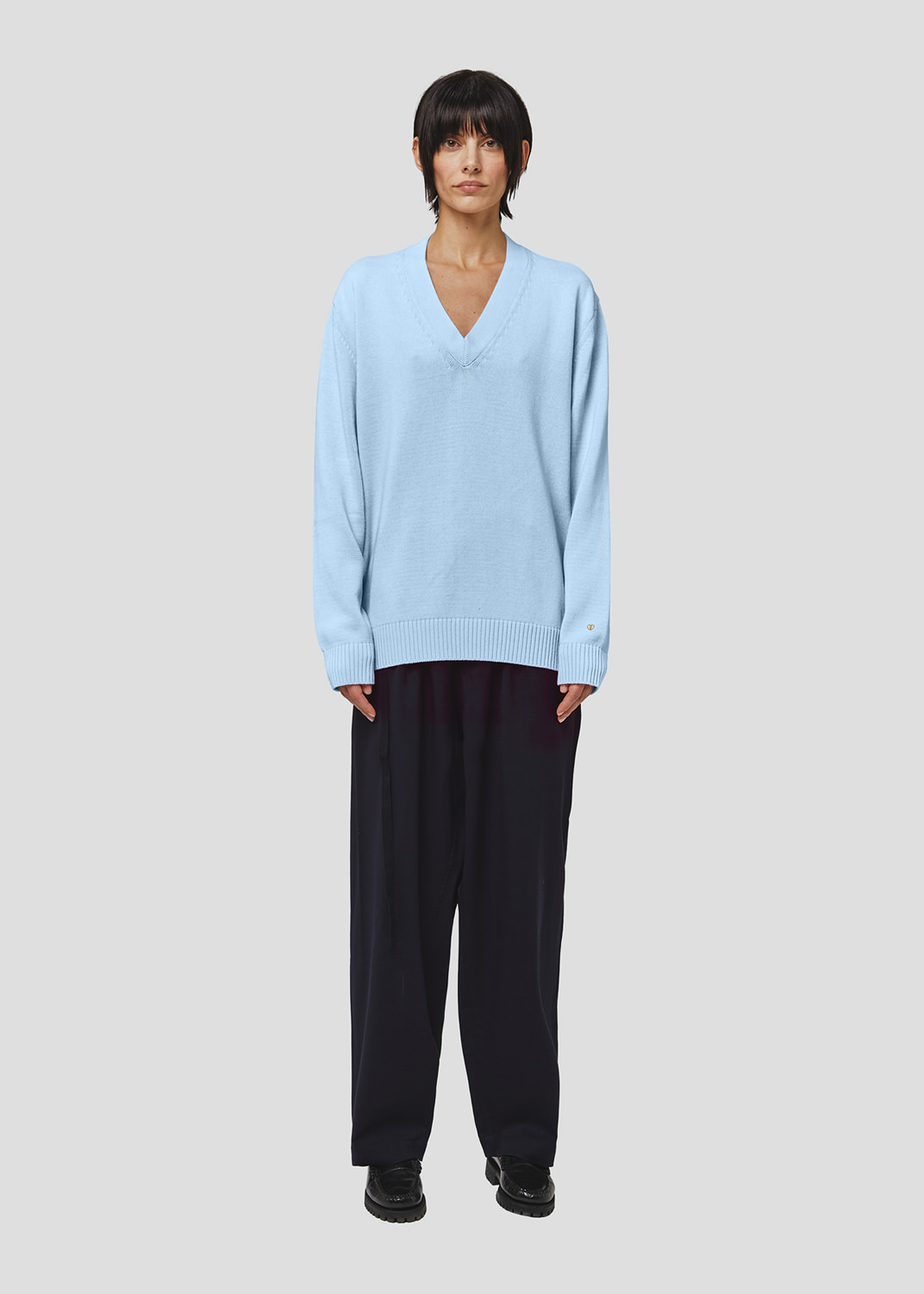 SEVEN GAUGE: PULLOVER SCOLLO IN COTONE AZZURRO
