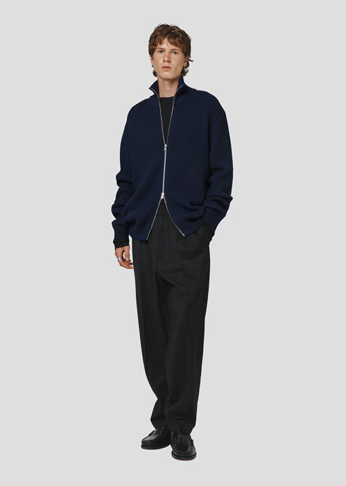 SEVEN GAUGE: ENGLISH RIB FULL ZIP MERINOS JACKET BLUE