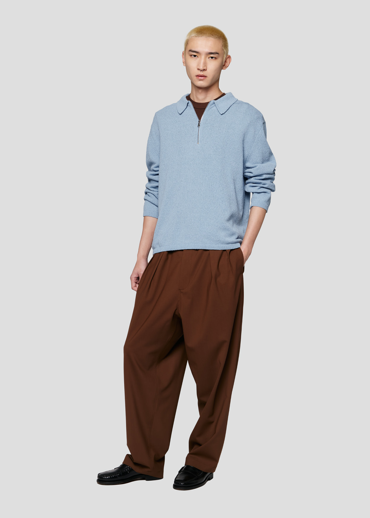 SEVEN GAUGE: POLO BOUCLET CON ZIP MANICA LUNGA AZZURRO