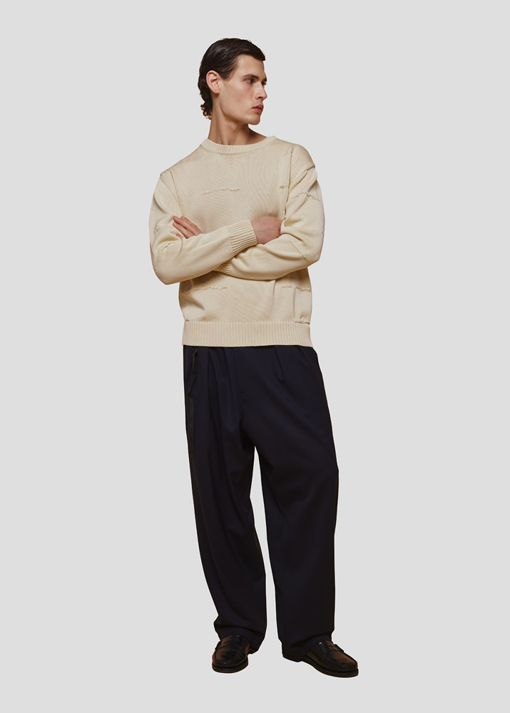 SEVEN GAUGE: PULLOVER GIROCOLLO JACQUARD A RIGHE PANNA