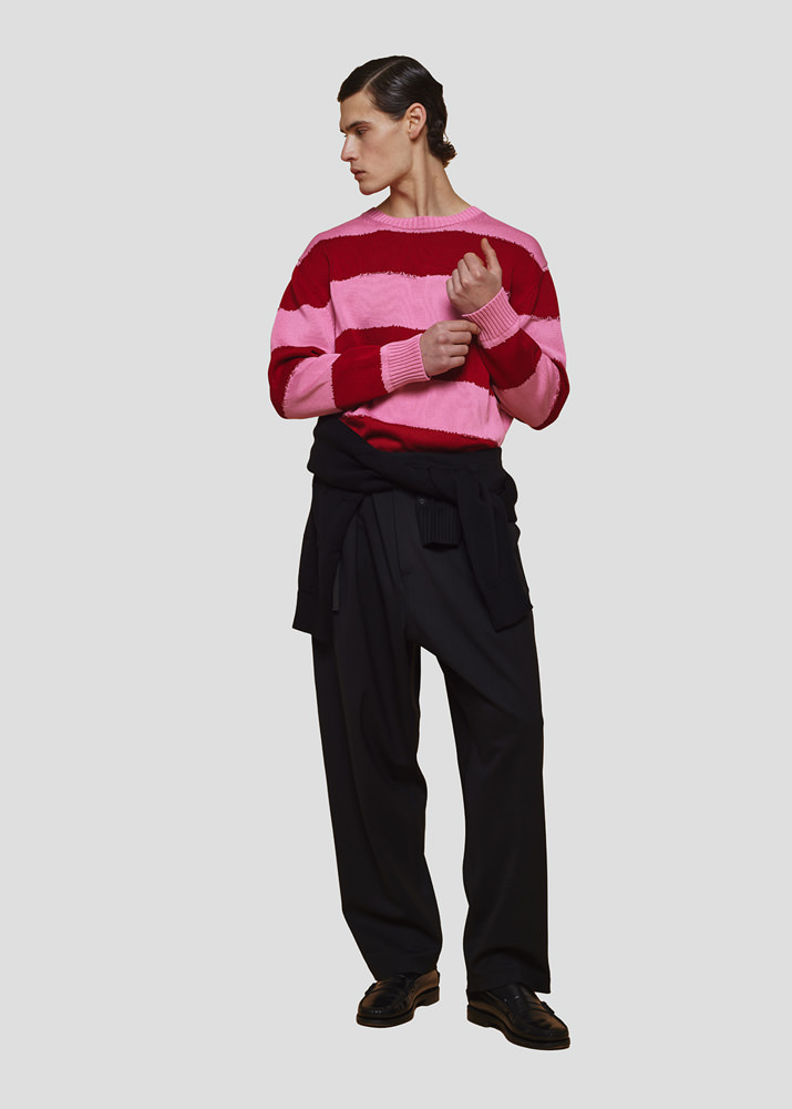 SEVEN GAUGE: PULLOVER GIROCOLLO JACQUARD A RIGHE ROSA/ROSSO