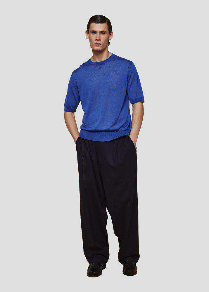 SEVEN GAUGE: PULLOVER LYOCELL GIROCOLLO M/C BLU