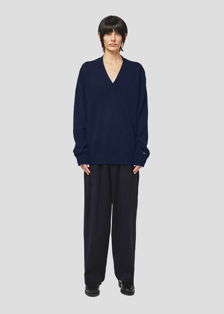 SEVEN GAUGE: PULLOVER SCOLLO IN COTONE BLU