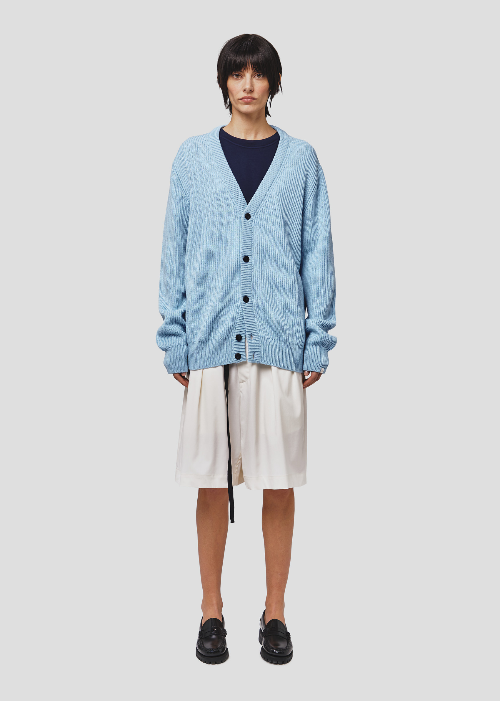 SEVEN GAUGE: WOOL COTTON ENGLISH RIB CARDIGAN LIGHT BLUE