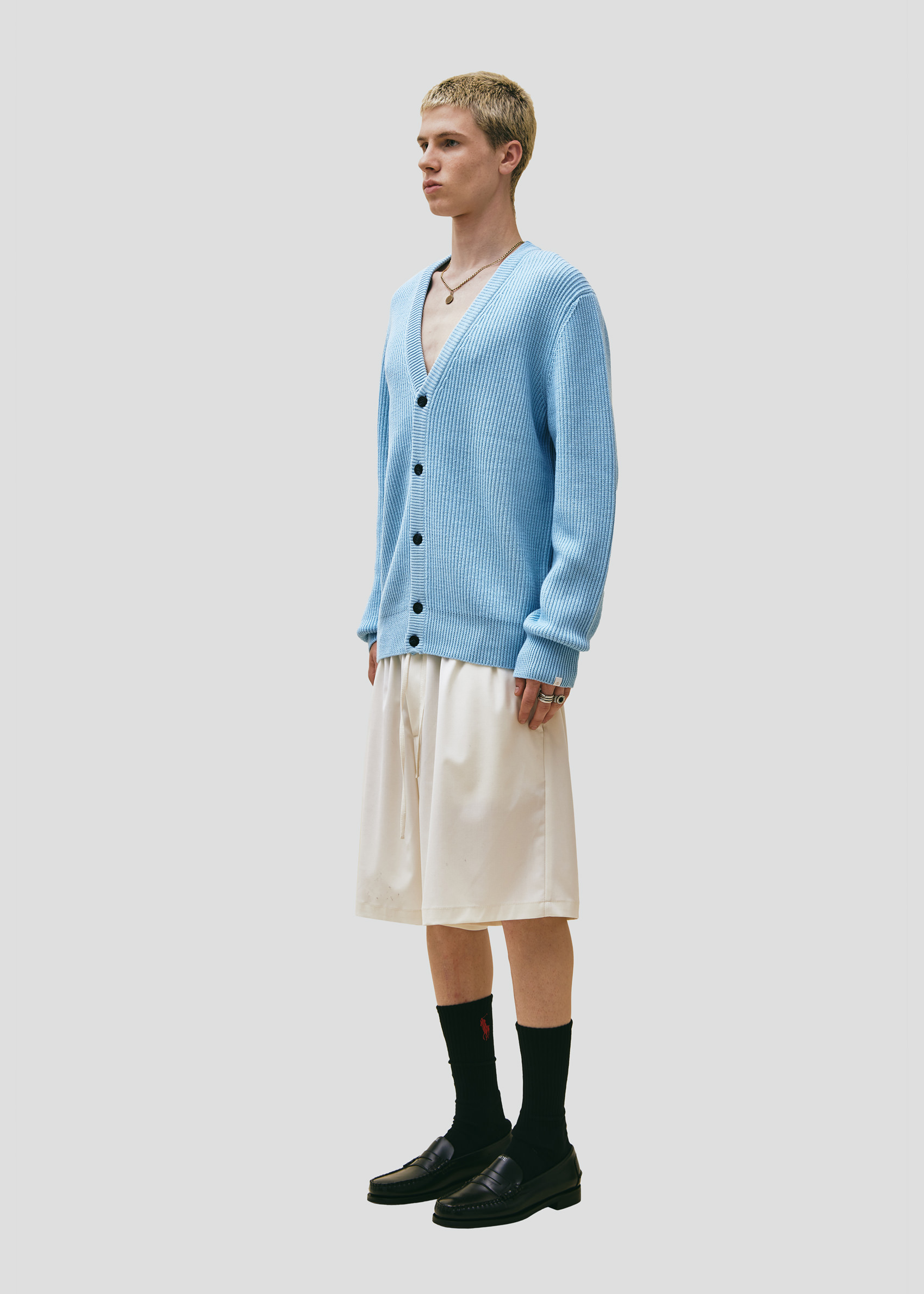 SEVEN GAUGE: CARDIGAN COSTA INGLESE COTONE LANA AZZURRO