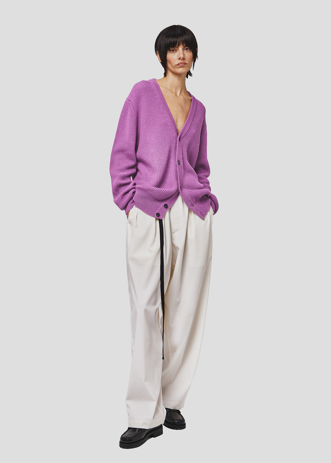 SEVEN GAUGE: CARDIGAN COSTA INGLESE COTONE LANA LILLA