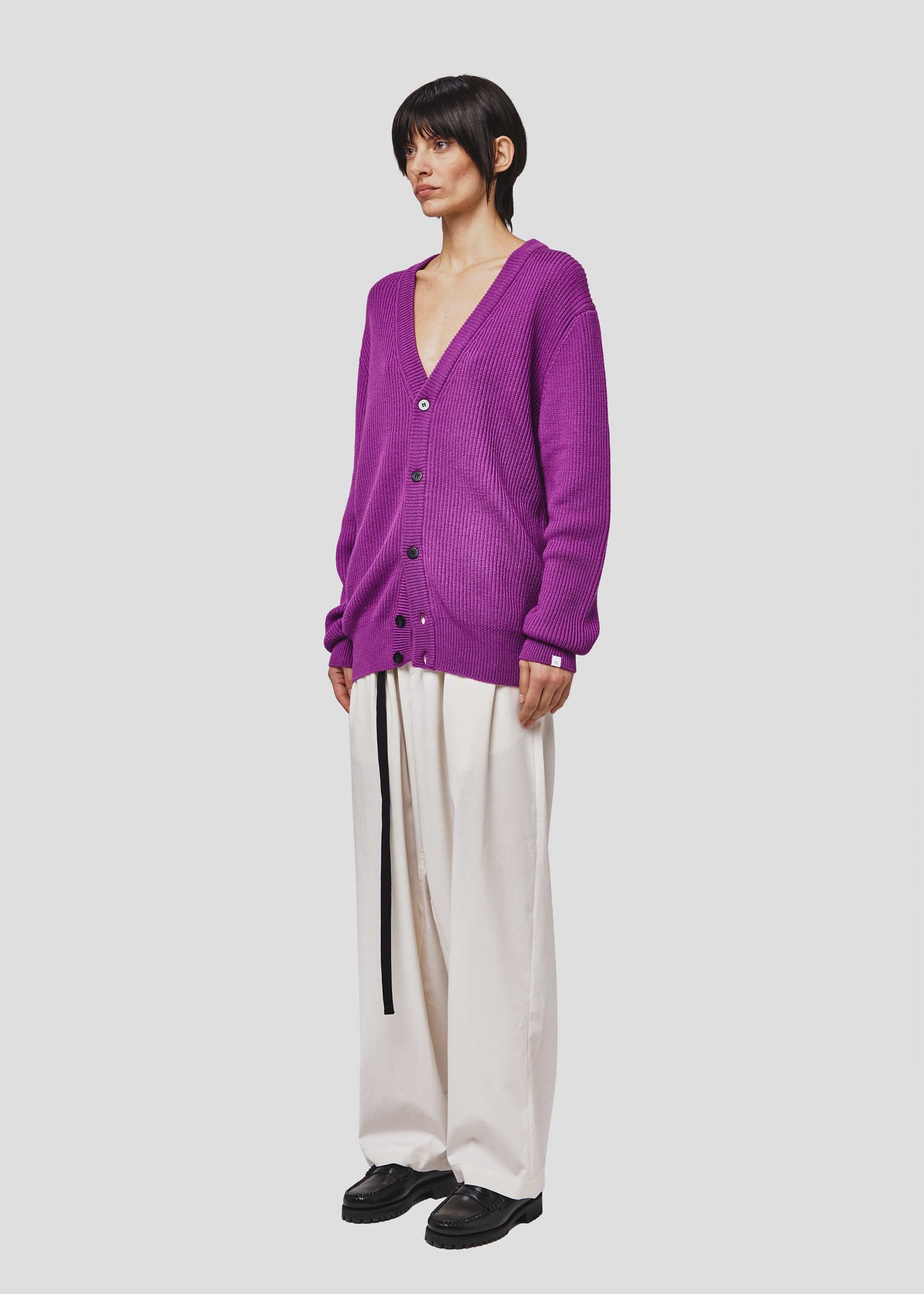 SEVEN GAUGE: WOOL COTTON ENGLISH RIB CARDIGAN PURPLE