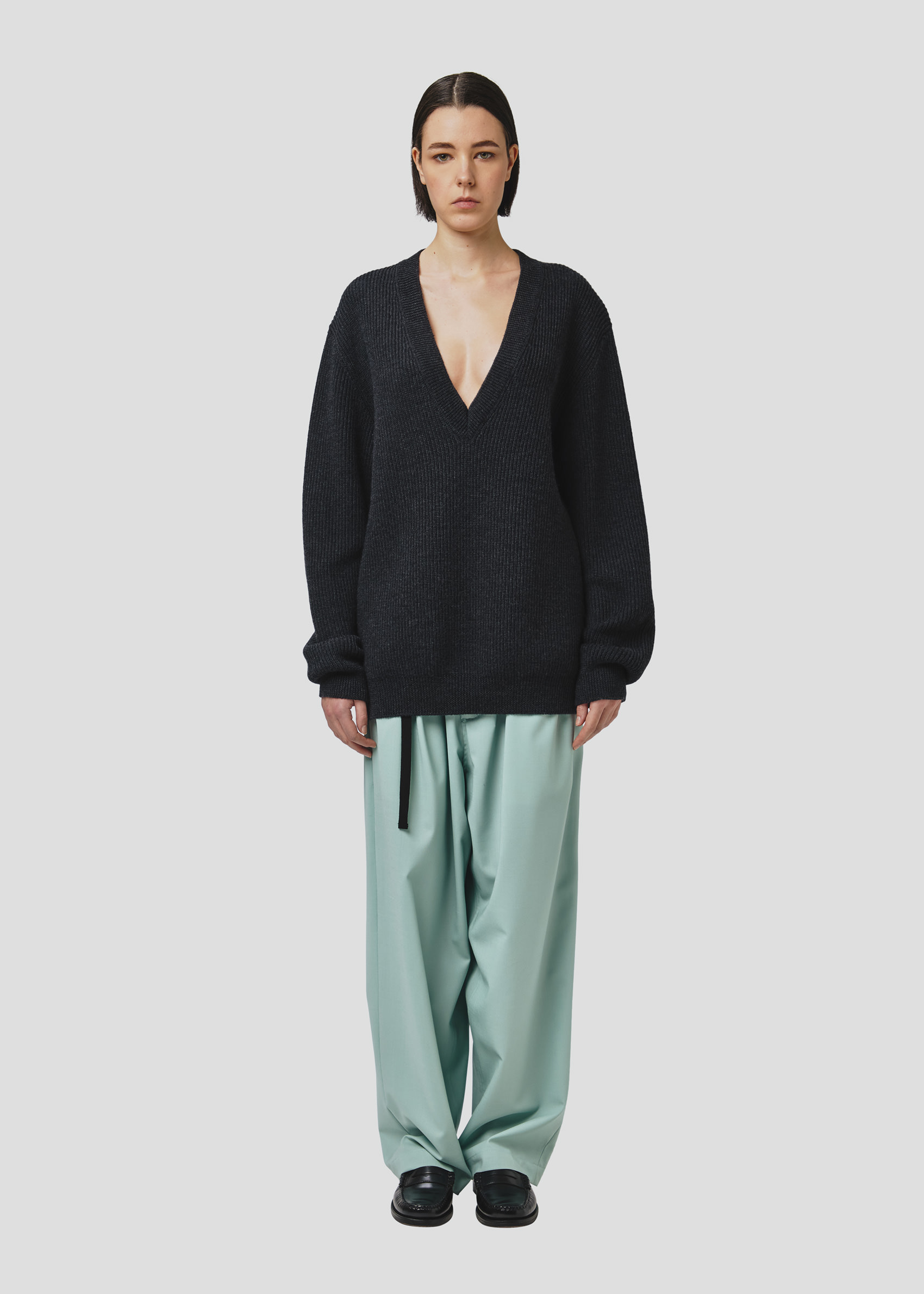 SEVEN GAUGE: MAGLIA COSTA INGLESE SCOLLO V LANA GRIGIO
