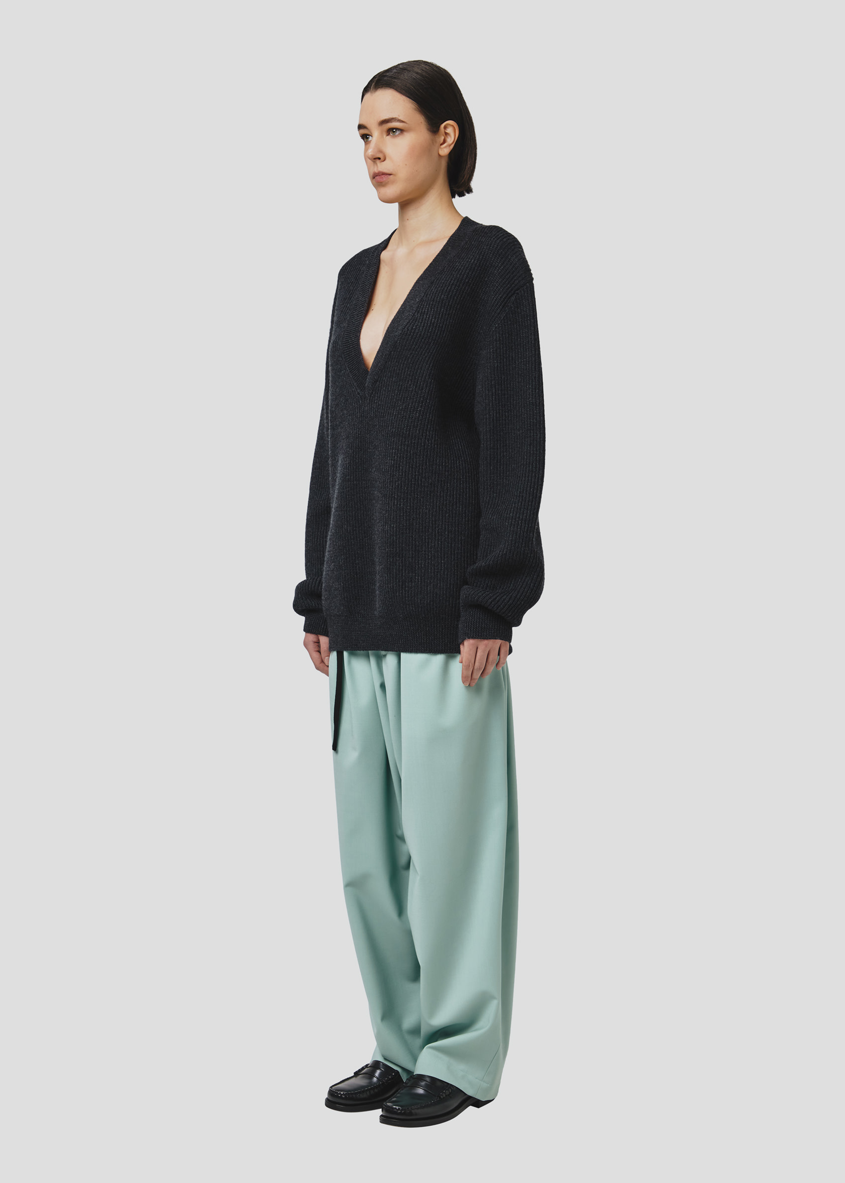 SEVEN GAUGE: MAGLIA COSTA INGLESE SCOLLO V LANA GRIGIO
