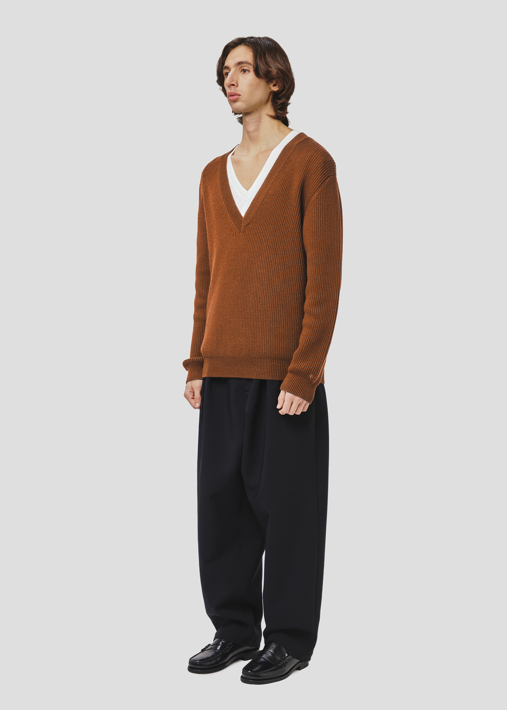 SEVEN GAUGE: MAGLIA COSTA INGLESE SCOLLO V LANA NOCCIOLA