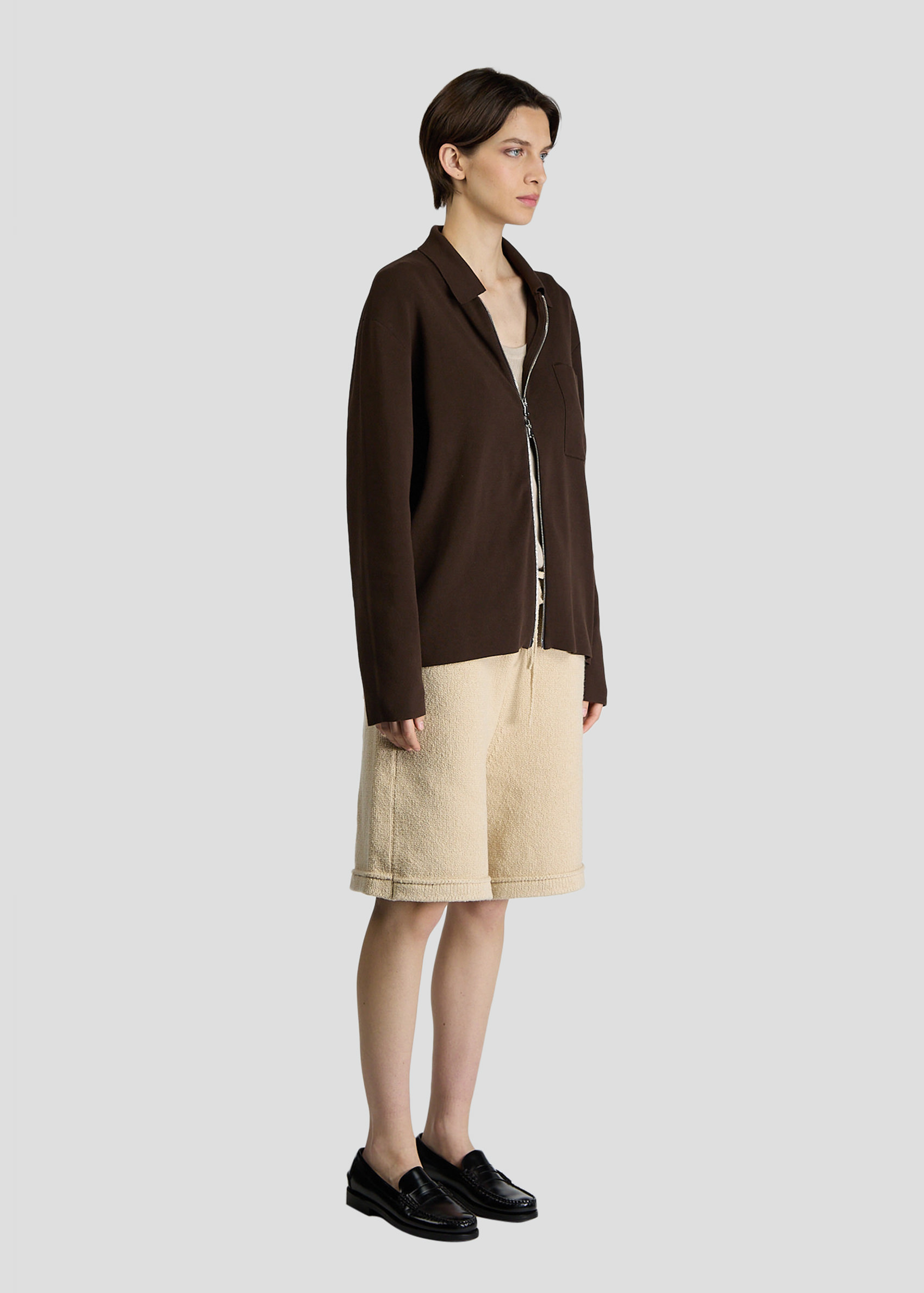 SEVEN GAUGE: CREPE ZIPPED OVERSHIRT BROWN