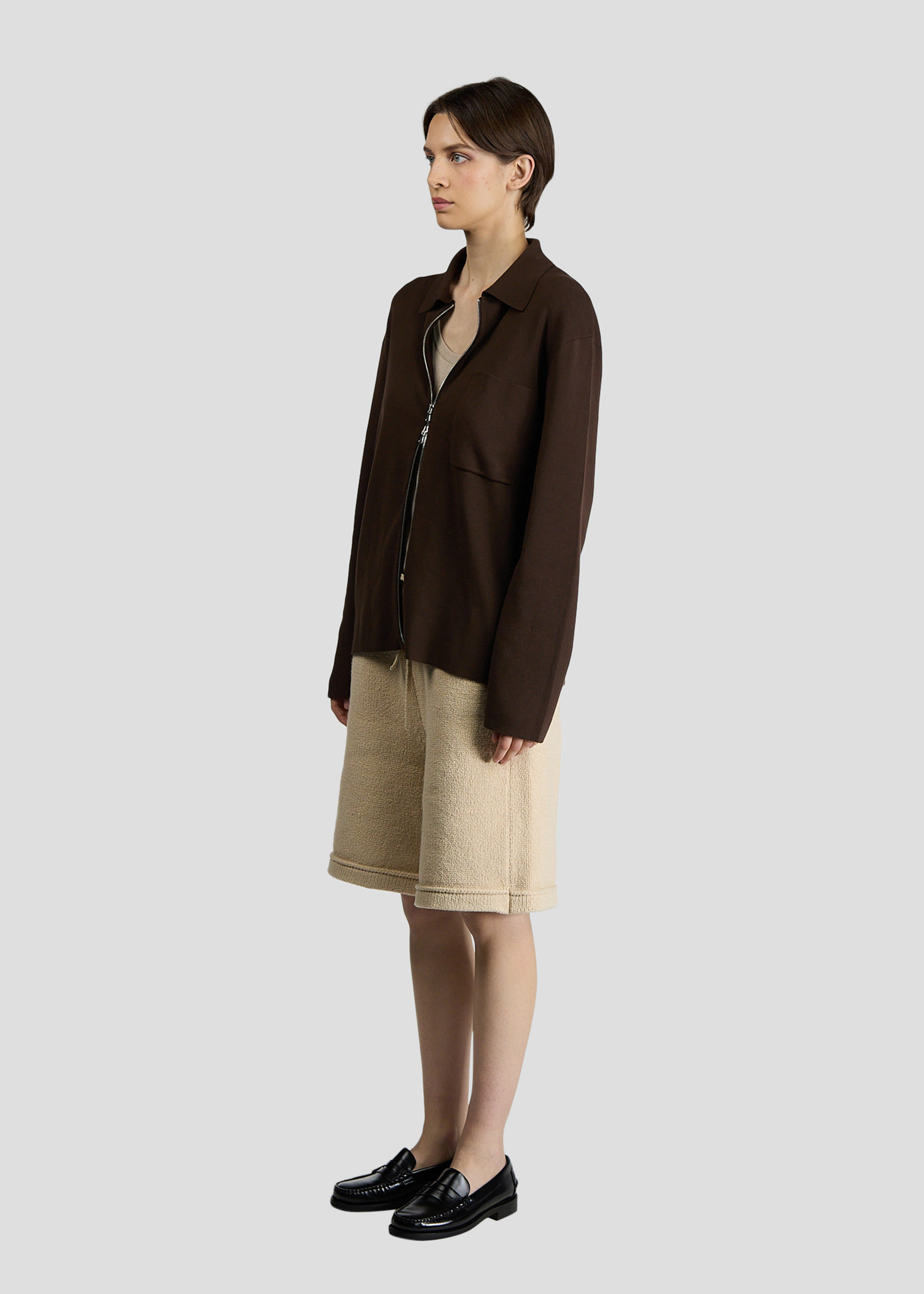SEVEN GAUGE: CREPE ZIPPED OVERSHIRT BROWN