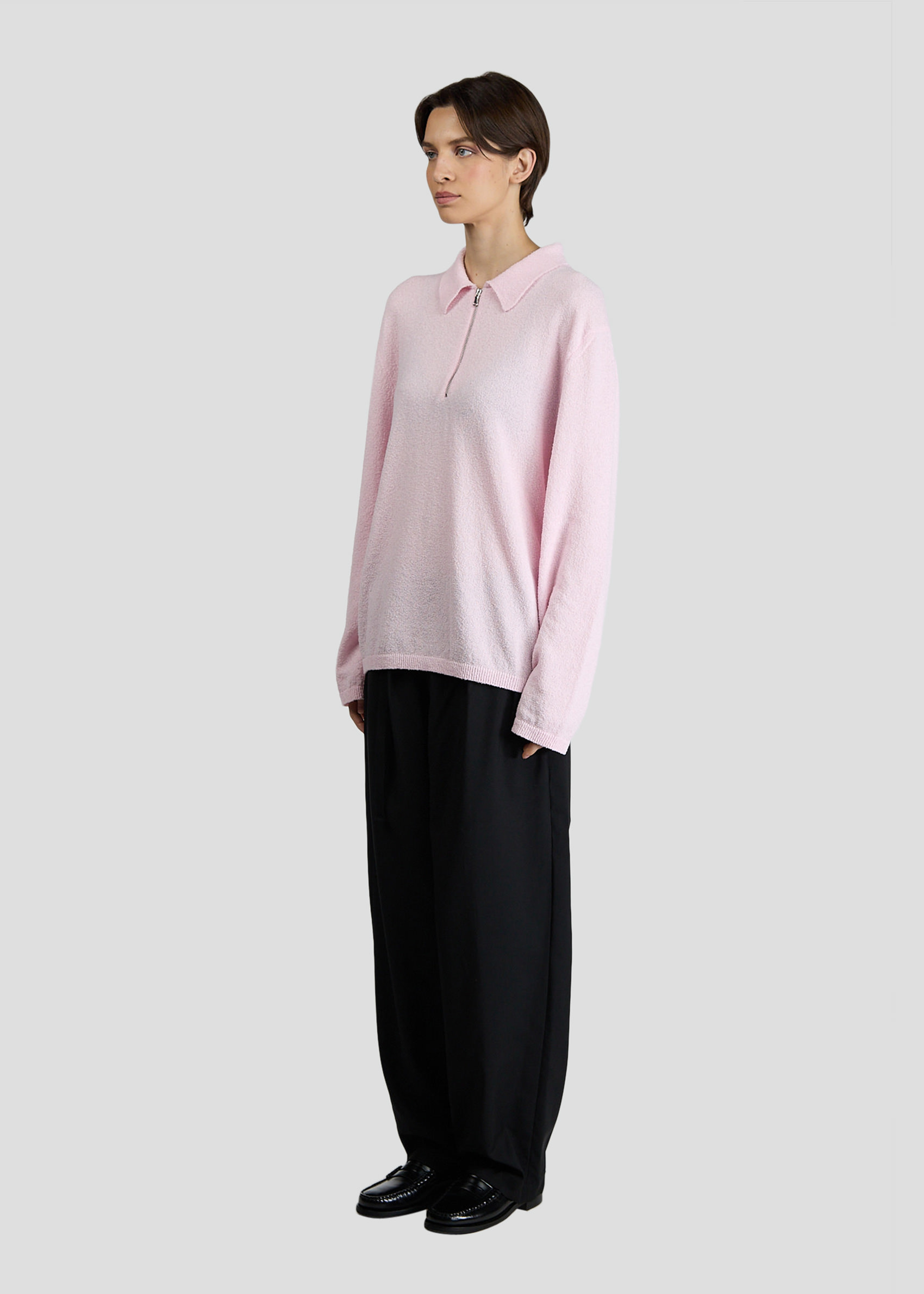 SEVEN GAUGE: POLO BOUCLET CON ZIP MANICA LUNGA ROSA