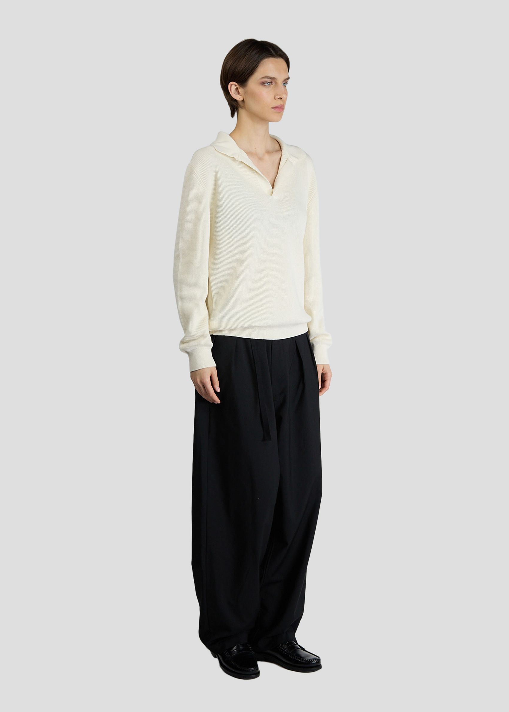 SEVEN GAUGE: ENGLISH RIB COTTON LONG SLEEVE POLO LIGHT CREAM