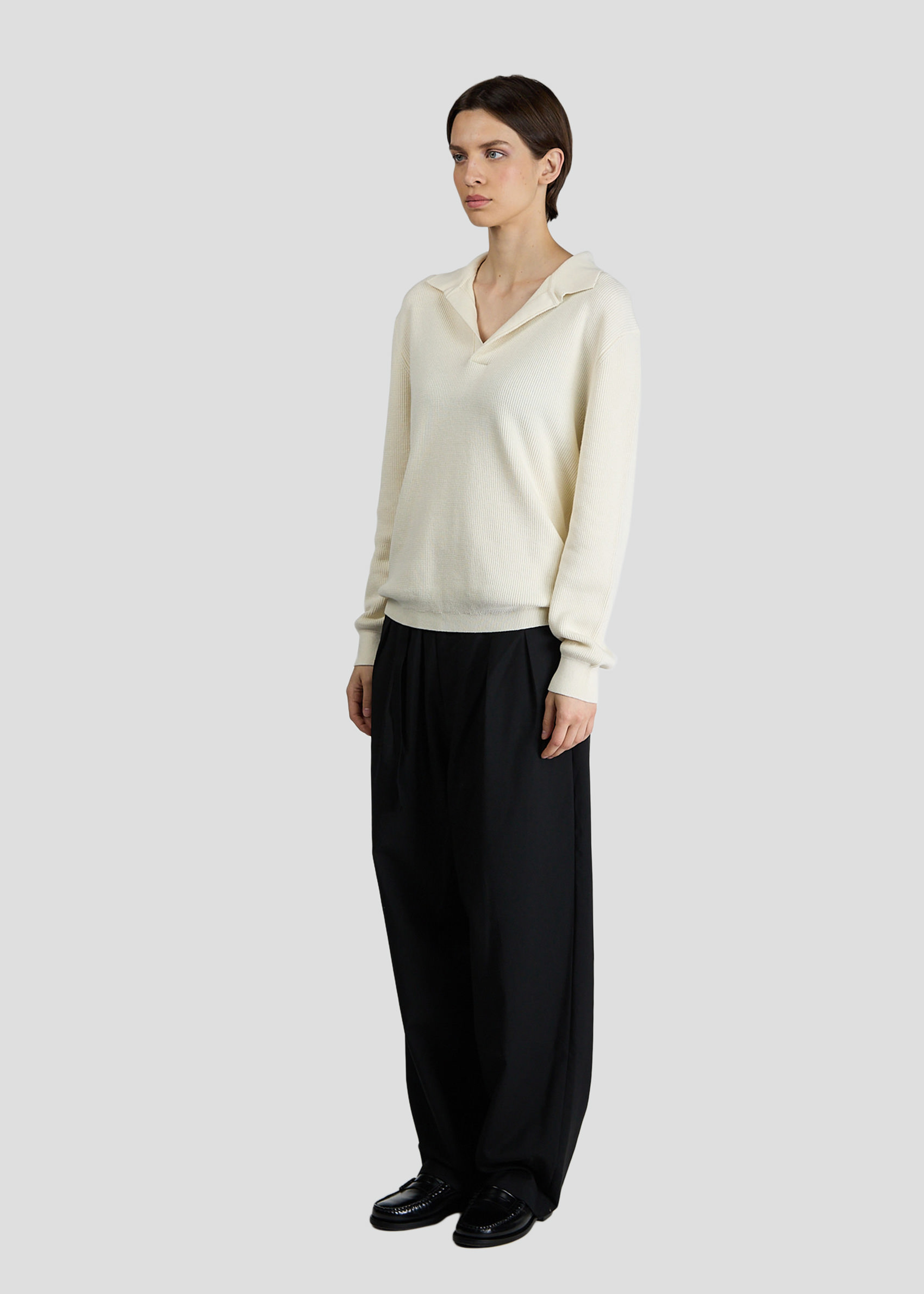 SEVEN GAUGE: ENGLISH RIB COTTON LONG SLEEVE POLO LIGHT CREAM