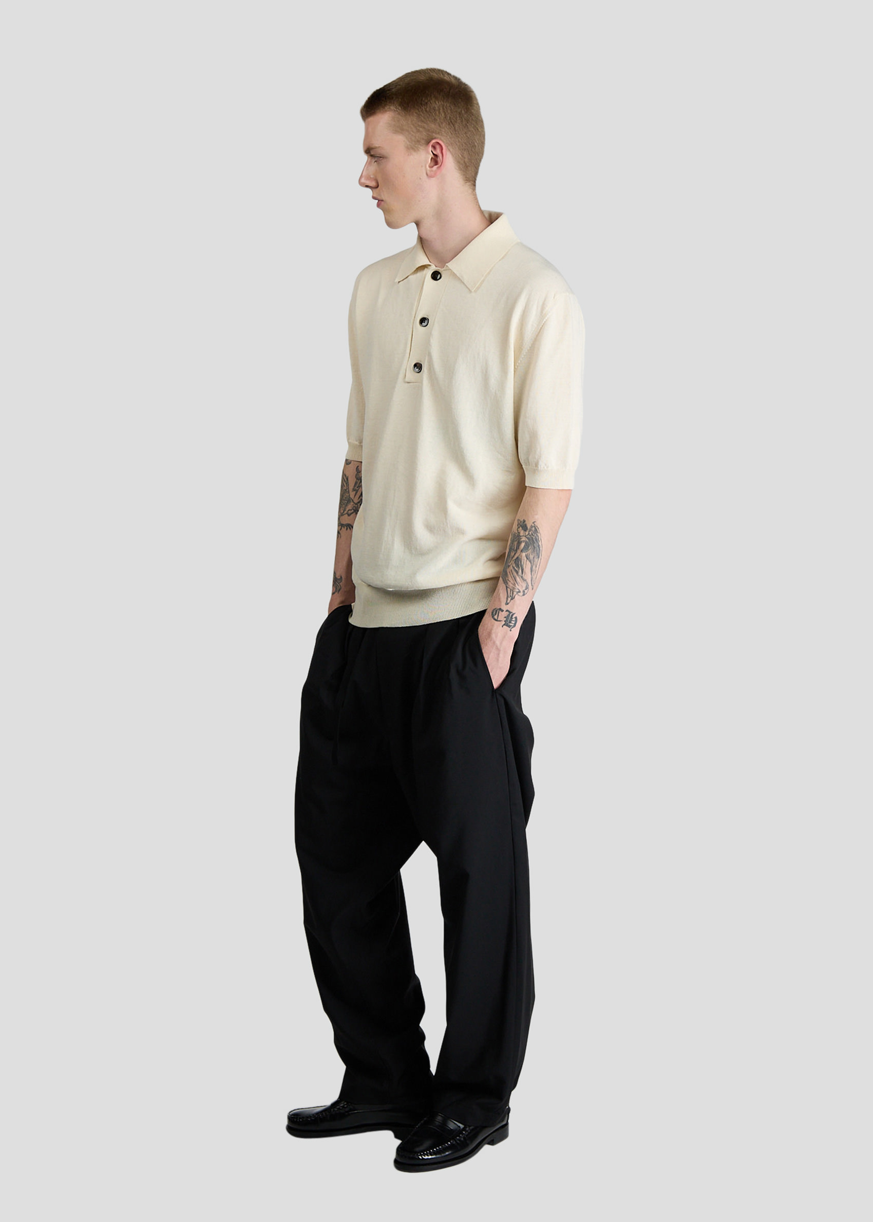 SEVEN GAUGE: CREPE POLO SHORT SLEEVE BEIGE