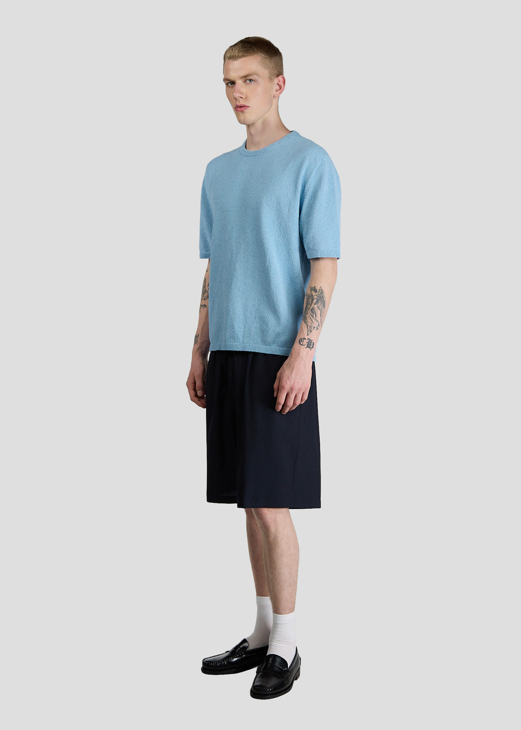 SEVEN GAUGE: PULLOVER GIROCOLLO BOUCLET MANICA CORTA AZZURRO