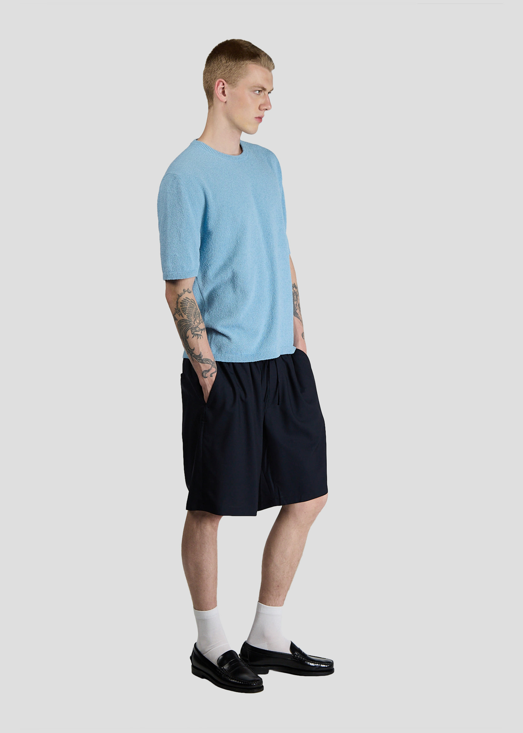 SEVEN GAUGE: PULLOVER GIROCOLLO BOUCLET MANICA CORTA AZZURRO