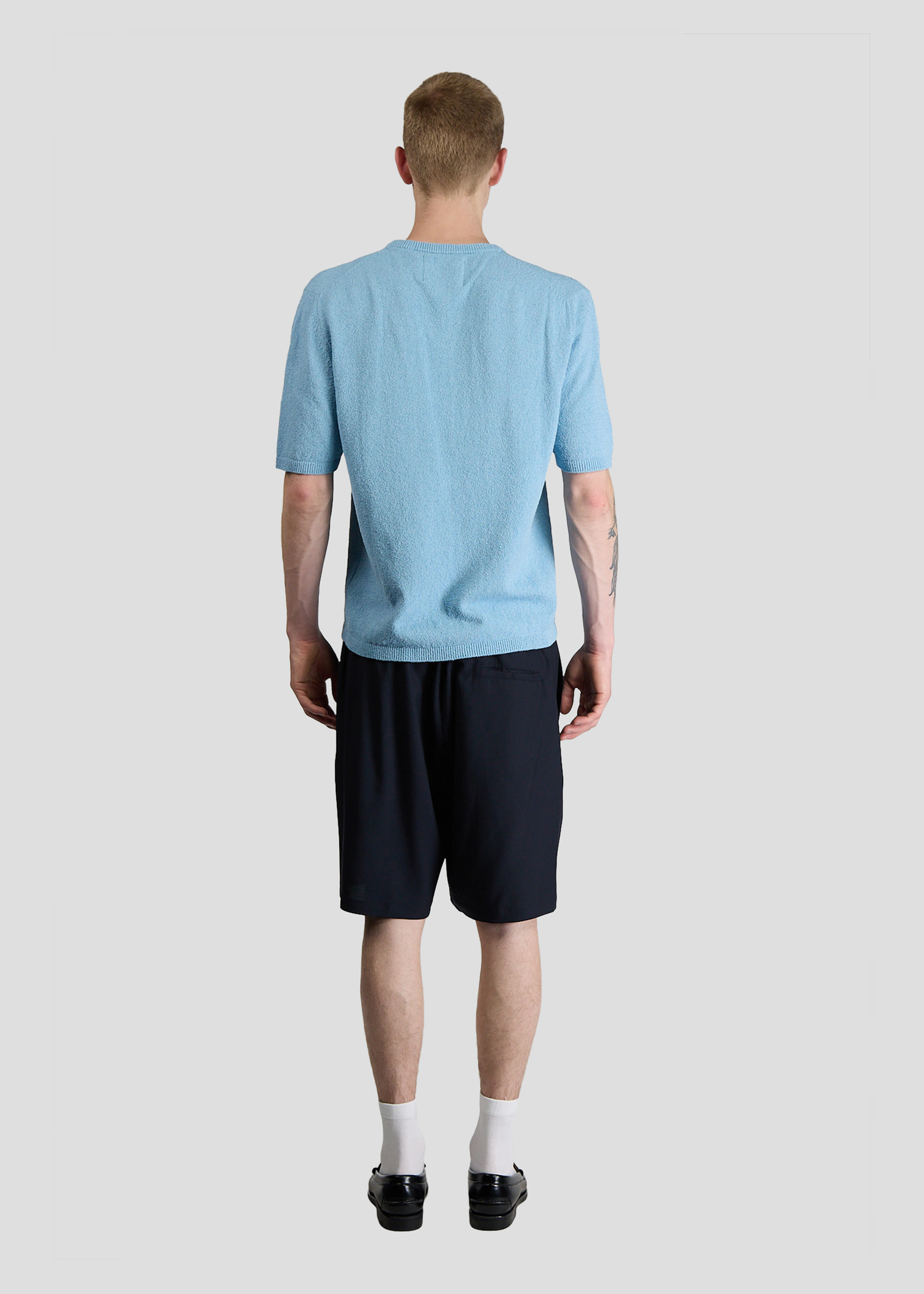 SEVEN GAUGE: PULLOVER GIROCOLLO BOUCLET MANICA CORTA AZZURRO