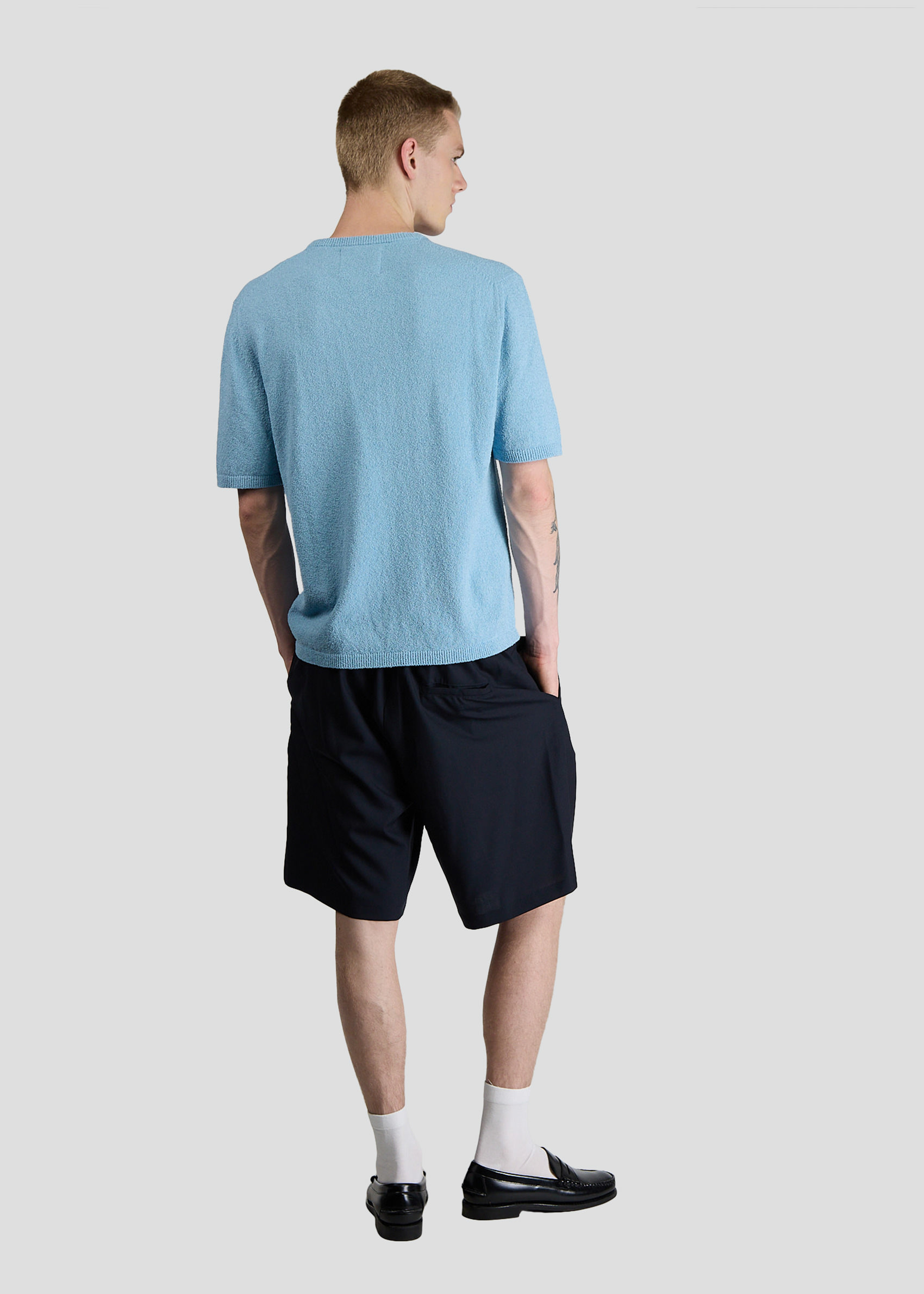 SEVEN GAUGE: PULLOVER GIROCOLLO BOUCLET MANICA CORTA AZZURRO