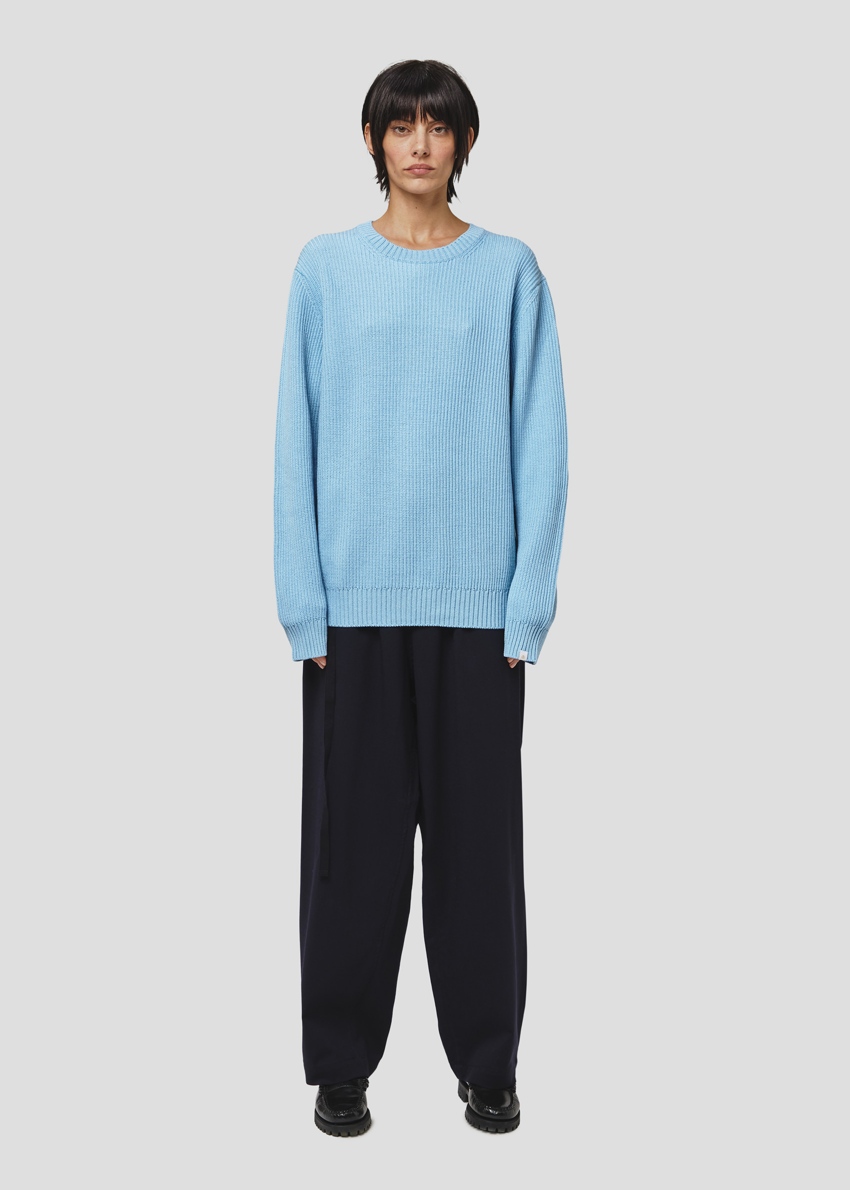 SEVEN GAUGE: MAGLIONE GIROCOLLO  COSTA INGLESE COTONE LANA AZZURRO