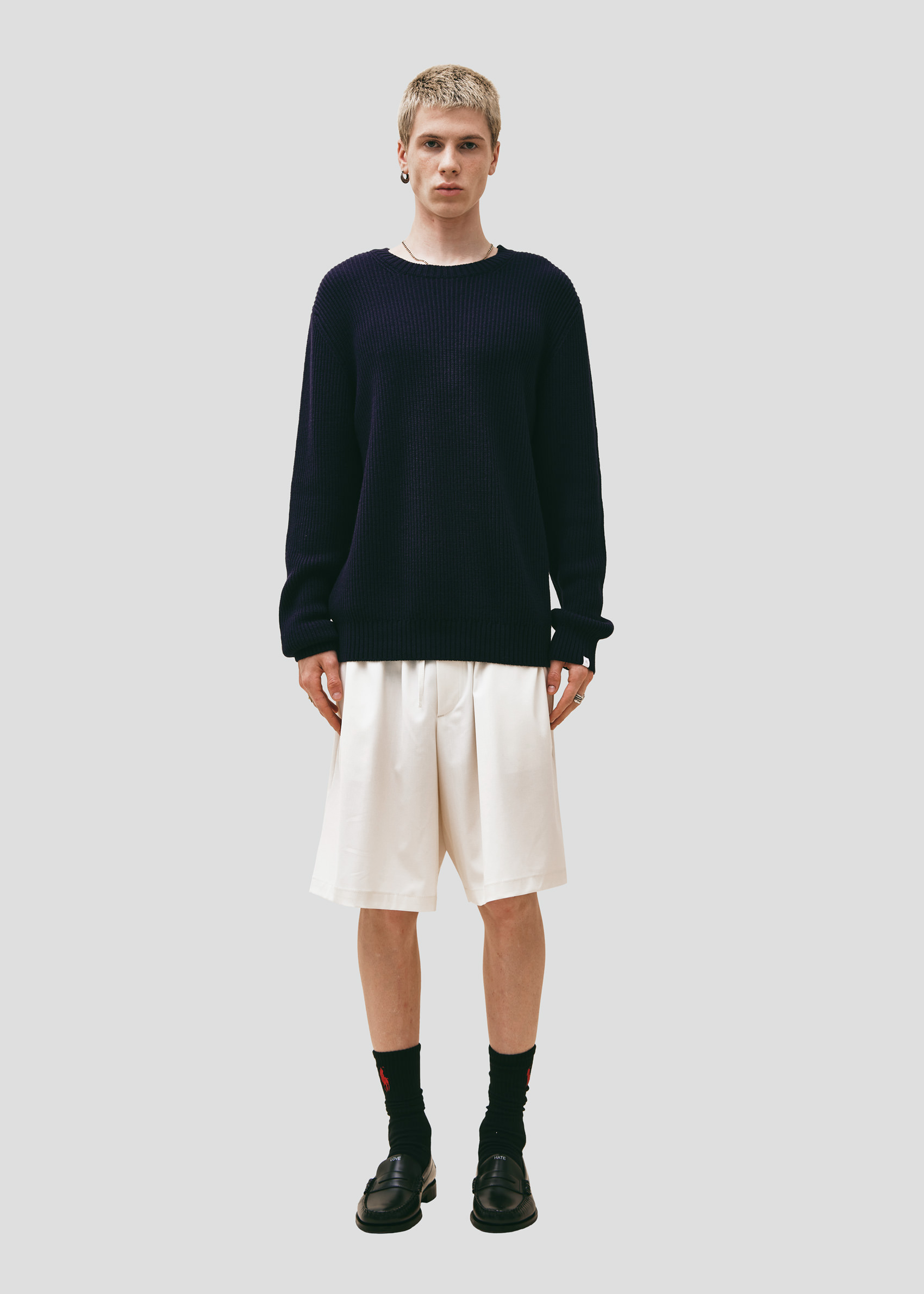 SEVEN GAUGE: MAGLIONE GIROCOLLO COSTA INGLESE COTONE LANA BLU