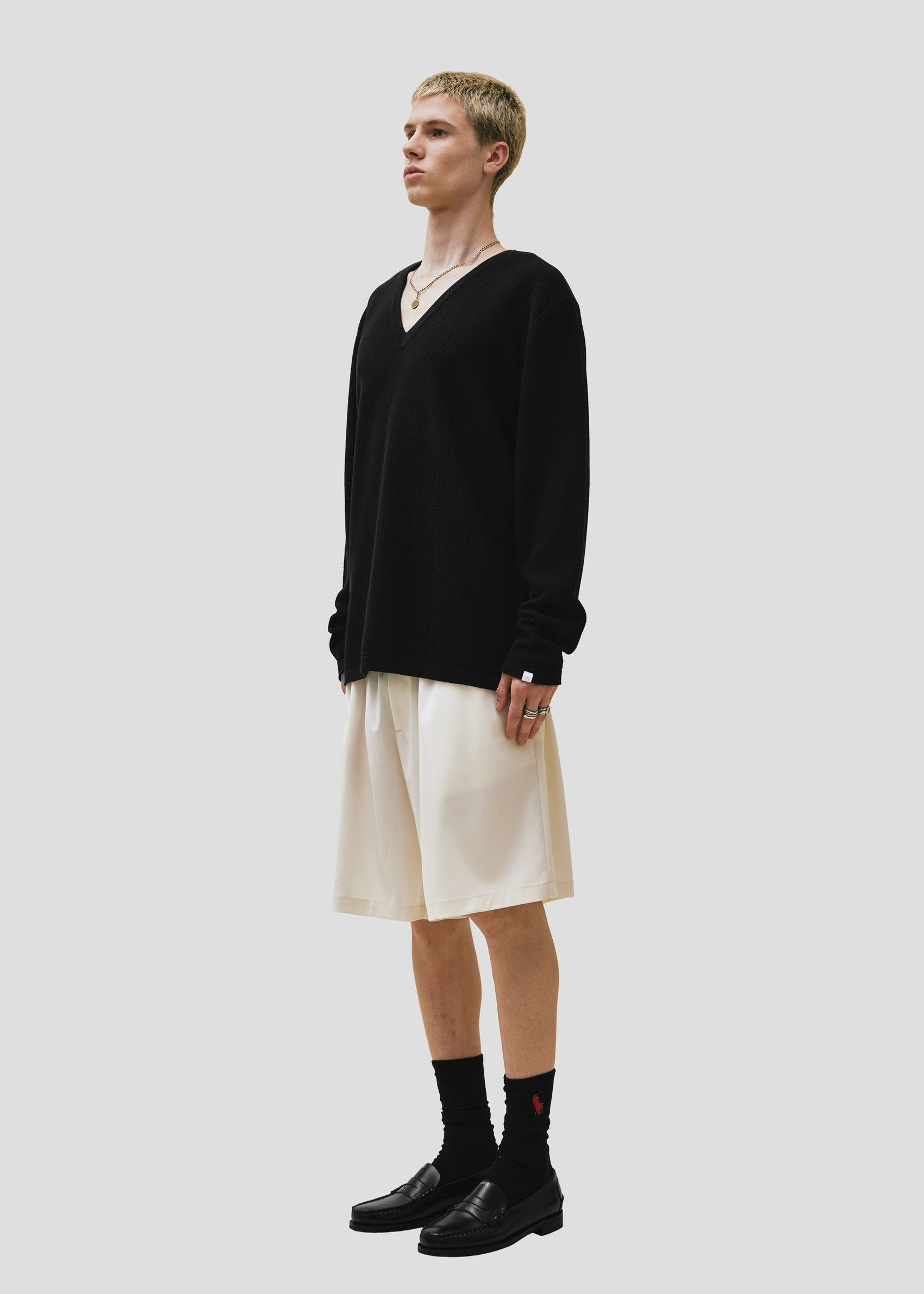 SEVEN GAUGE: PULLOVER GRANA DI RISO SCOLLO A V NERO