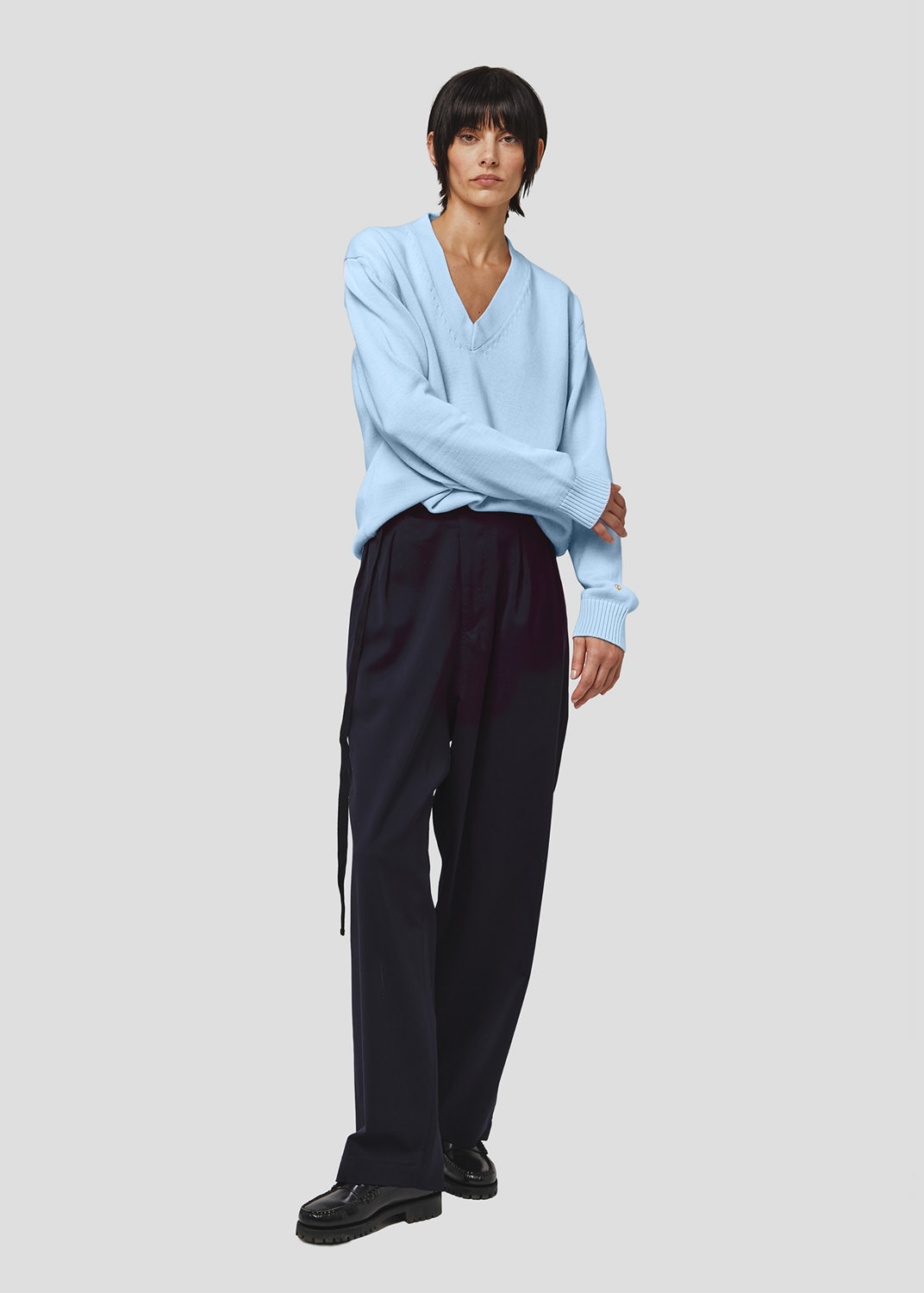 SEVEN GAUGE: PULLOVER SCOLLO IN COTONE AZZURRO