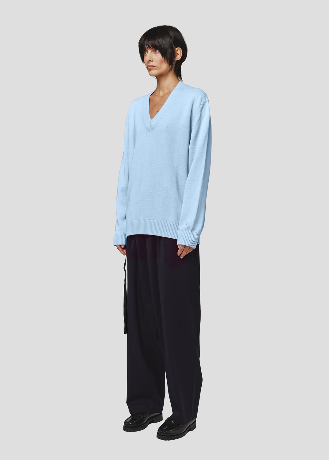 SEVEN GAUGE: PULLOVER SCOLLO IN COTONE AZZURRO