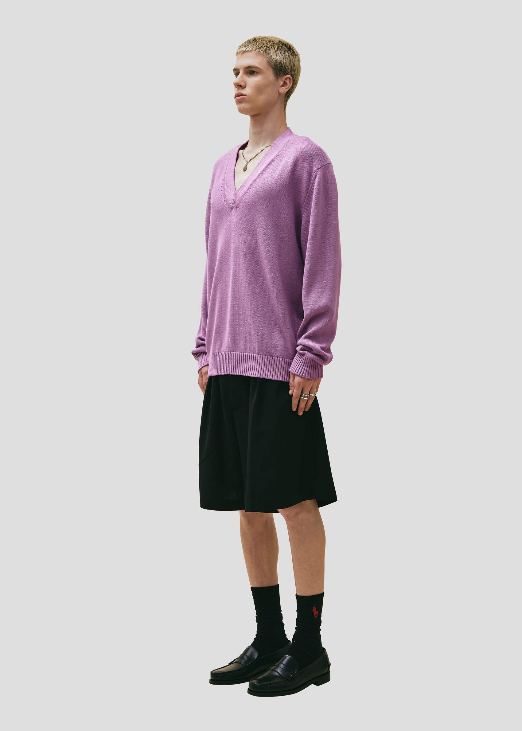SEVEN GAUGE: PULLOVER SCOLLO A V IN COTONE MALVA